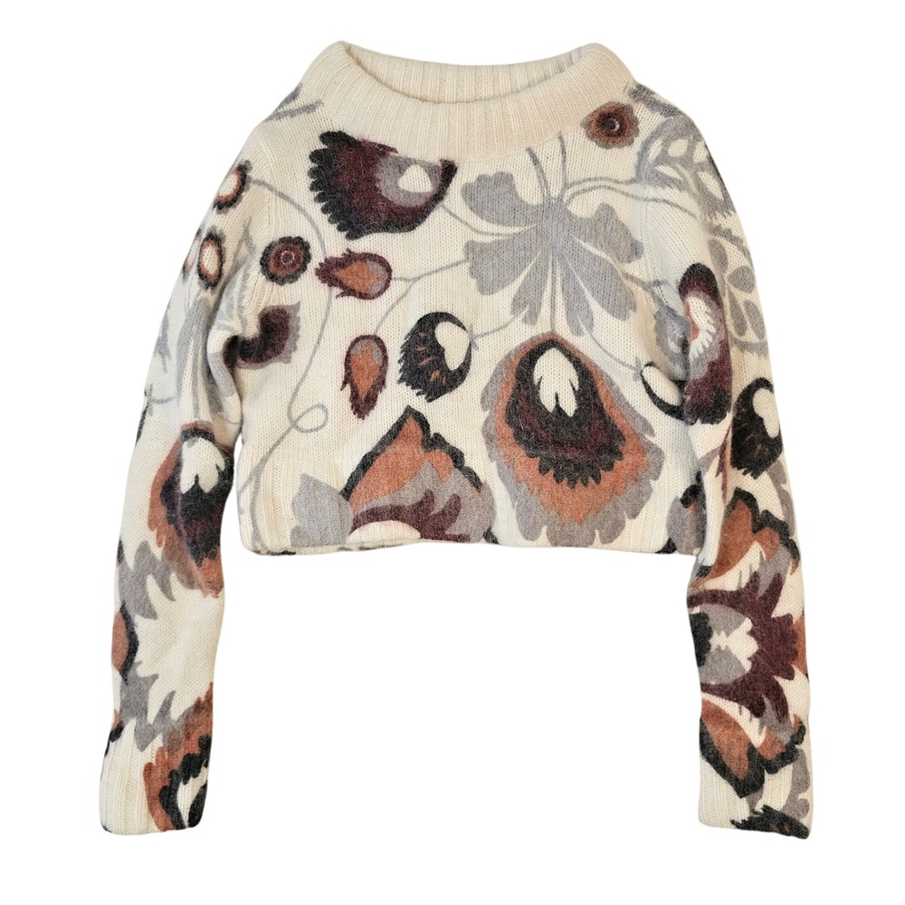 HM Angora Blend Cropped Sweater Floral Intarsia Knit Cream Brown Grey US 10